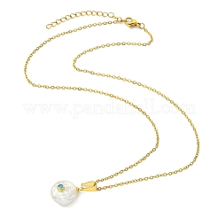 Brass Pave Cubic Zirconia and Natural Keshi Pearl Coin Pendant 304 Stainless Steel Cable Chain Necklaces for Women&nbsp;NJEW-JN06120