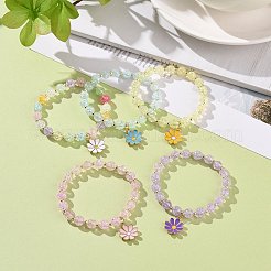 合金エナメル フラワー チャーム ブレスレット  女性のための透明なクラックル アクリル ストレッチ ブレスレット  ミックスカラー  内径：2-1/4インチ（5.6cm）&nbsp;BJEW-JB09046