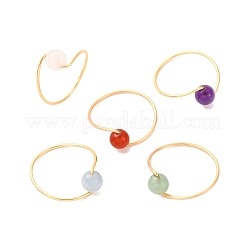 5Pcs Copper Wire Wrapped Natural Green Aventurine & Natural Carnelian & Natural Rose Quartz & Natural Quartz & Natural Amethyst Round Bead Finger Rings&nbsp;RJEW-JR00937-02