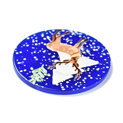 クリスマステーマ3Dプリントレジンペンダント  DIYイヤリングアクセサリー  模様付きのフラットラウンド  鹿の模様  37.5x2.5mm  穴：1.6mm&nbsp;RESI-I036-02B