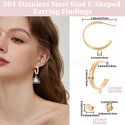304ステンレススチールスタッドピアス金具16個  C字型  ループ付きハーフフープピアス  ゴールドカラー  27x4mm  穴：2.5mm&nbsp;STAS-BBC0010-20C