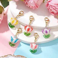 花のガラスシードビーズペンダント装飾  バッグの飾り用のロブスター クロー クラスプ チャーム  ミックスカラー  41mm&nbsp;HJEW-MZ00163
