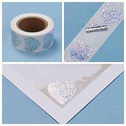 ハート型のレーザーステッカーロール  バレンタインデーステッカー粘着ラベル  装飾結婚披露宴アクセサリー用  銀  25x25mm  500PCS /ロール&nbsp;X-DIY-K027-G01
