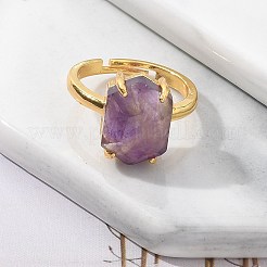 六角形の天然アメジストの指輪  ゴールドトーンの真鍮製カフリング  ラックめっき  長持ちメッキ  鉛フリー＆カドミウムフリー  六角形：10x14mm  内径：17mm&nbsp;RJEW-B113-02G-06