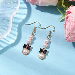 合金エナメルダングルピアス  アブソリュートプラスチック模造パール  ガラスパールと304ステンレススチールのピアスフック  蝶結び  ブラック  47x10mm&nbsp;EJEW-JE05960