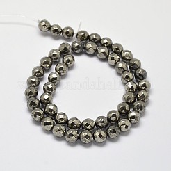 天然石パイライトラウンドビーズ連売り  ファセット（64ファセット）  グレードA  10mm  穴：1mm  約40個/連  16インチ&nbsp;G-F197-08-10mm
