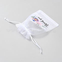 Thank You Flower Printed Organza Drawstring Bags&nbsp;LS-OP-WH0018-01A-03