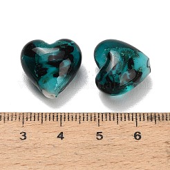 手作りゴールドパウダー入りランプワークビーズ  ヒョウプリントの心  ティール  15.5~16x16x10.5mm  穴：1mm&nbsp;LA-T031-01C