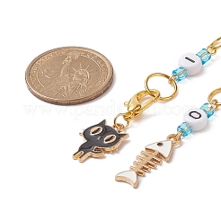アクリル数字ビーズ編み列カウンターチェーン  ガラスビーズと合金エナメルペンダント付き  猫と魚の骨  ミックスカラー  36.5cm  2個/セット&nbsp;HJEW-JM00884