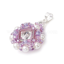 ガラスラインストーンとアクリルパールペンダント  花  銀  プラム  29x20x8mm  穴：3.5x4mm&nbsp;PALLOY-MZ00251-03