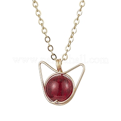 Glass Cat Shape Copper Wire Wrapped Pendant Necklaces&nbsp;NJEW-JN05258