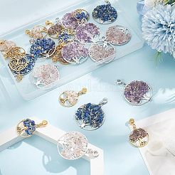24 個 6 スタイル天然混合宝石ヨーロッパダングルチャーム  大穴ペンダント  合金パーツ  命の木とフラットラウンド  アンティークシルバー＆アンティーク金色  39~54.5mm  穴：4.5mm  ペンダント：28.5~43x25~39.5x5~7mm  4個/スタイル&nbsp;PALLOY-AR0001-36