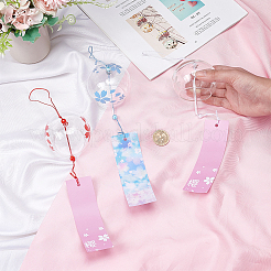 桜柄の日本製ガラス製ラウンドウィンドチャイム 3個 3スタイル  紙の祝福ハンギングペンダント  庭のパティオバルコニーの装飾用  ミックスカラー  375~430mm  1個/スタイル&nbsp;HJEW-BC0001-56