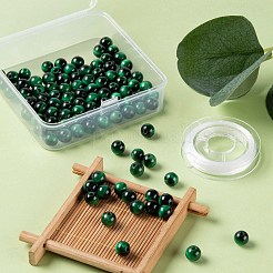 100個 8mm 天然グリーンタイガーアイ（染色・加熱）ラウンドビーズ  10mの弾性水晶糸付き  DIYストレッチブレスレット作成キット用  8mm  穴：1mm&nbsp;DIY-LS0002-08