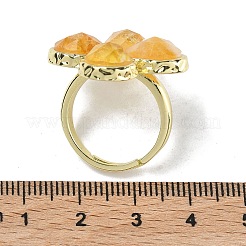 天然イエロークォーツのファセットカット調整可能な女性用指輪  クローバー  ラックメッキ真鍮リング  ゴールドカラー  17mm&nbsp;RJEW-A092-01G-10
