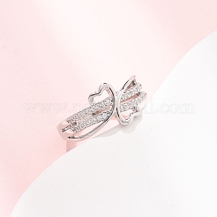 女性用真鍮マイクロパヴェクリアキュービックジルコニア指輪  ハート  プラチナ  10.5mm  usサイズ7 1/4(17.5mm)&nbsp;RJEW-C168-03P