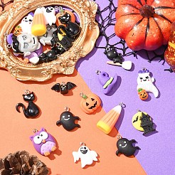 24 個 12 スタイルのハロウィーン不透明樹脂ペンダント  混合形状チャーム  プラチナ鉄ループ付き  ミックスカラー  11.5~33x14~27.5x5~11mm  穴：1.5~2mm  2個/スタイル&nbsp;RESI-YW0004-84