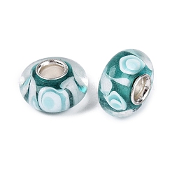 手作りのランプワークと真鍮芯のヨーロピアンビーズ  大穴ビーズ  ロンデル  ダークシアン  13~15x7.5~8.5mm  穴：4~4.5mm&nbsp;LAMP-N044-03S-01