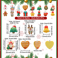 32個16スタイル不透明樹脂ペンダント  クリスマスチャーム  プラチナトーンの鉄ループ付き  ギフトボックス＆ベル＆スター＆クリスマスツリー  混合図形  ミックスカラー  21~31.5x15~23x4~8.5mm  穴：2~2.8mm  2個/スタイル&nbsp;RESI-SC0002-52