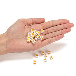 白く不透明なアクリルヨーロピアンビーズ  大穴キューブビーズ  ハート柄付き  きいろ  7x7x7mm  穴：4mm  100個/袋&nbsp;OPDL-FS0001-01