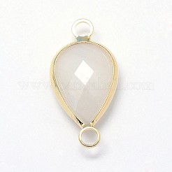 ゴールデントーン真鍮ガラスティアドロップリンクコネクター  ホワイトスモーク  21x11x5mm  穴：2mm&nbsp;GLAA-J010A-HF29-G