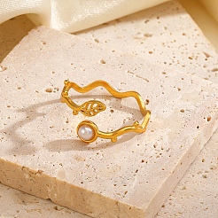 リーフステンレススチールオープンカフリング  女性用プラスチック模造真珠ジュエリー  ゴールドカラー  usサイズ8（18.1mm）&nbsp;PW-WGA710A-01