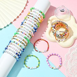 30個 30スタイル ポリマー粘土&ガラスビーズストレッチブレスレットセット  女性用友情文字スタッカブルブレスレット  ミックスカラー  6-7/8~7-1/8インチ（17.5~18cm）  内径：2インチ（5.2cm）  1個/スタイル&nbsp;BJEW-SW001584