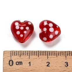 手作りのランプワークエナメルビーズ  手描きのビーズ  水玉模様の心  レッド  12x12.5x8.5mm  穴：1.8mm&nbsp;X-LAMP-B030-02A-01