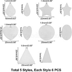 30個5スタイル304ステンレススチールペンダント  ブラシ仕上げのスタンプ付き空白タグ  レーザー切断  両面描画効果  混合図形  ステンレス鋼色  6個/スタイル&nbsp;STAS-UN0023-73