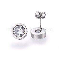 304ステンレススチールジュエリーセット  ペンダントネックレス＆スタッドピアス＆ブレスレット  キュービックジルコニア付き  フラットラウンド  ステンレス鋼色  17.7インチ（45cm）  180mm  9~10x4mm  ピン：0.8mm&nbsp;SJEW-H137-24P