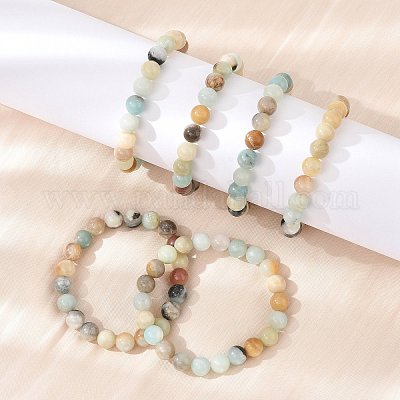 ナチュラルフラワーアマゾナイトビーズストレッチブレスレット  ラウンド  2インチ〜2-1/8インチ（5.2~5.5cm）  ビーズ：8~9mm&nbsp;BJEW-F380-01-B09-1