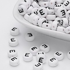 Acrylic Beads, with Horizontal Hole, Letter, Flat Round, Letter E, 7x4mm, Hole: 1.2~1.8mm, about 3500pcs/500g
