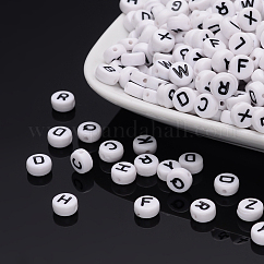 Acrylic Horizontal Hole Letter Beads, Mixed Letters, Flat Round, Letter, 7x4mm, Hole: 1.2~1.8mm, about 3500pcs/500g