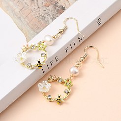 ダングルピアス  真鍮製のピアスフック付き  天然パールビーズ  合金エナメルチャーム  アクリルラインストーン  花とミツバチの指輪  ゴールドカラー  カラフル  50mm  ピン：0.6mm&nbsp;X-EJEW-JE04286
