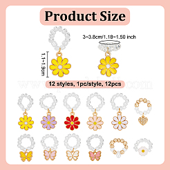 12個 12スタイル 花 ハート 蝶 合金 エナメル & 樹脂 & プラスチック パール 聴診器 ペンダント デコレーション  ガラスシードビーズで  ゴールドカラー  ミックスカラー  30~38mm  1個/スタイル&nbsp;HJEW-OC00262
