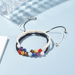 チャクラナイロンコード編みビーズブレスレットセット  ファセット加工された丸い天然タイガーアイ、ローズクォーツ、アメジスト、トパーズ、翡翠、赤瑪瑙、アマゾナイト、ソーダライトビーズ付き  内径：2~3.54インチ（5~9cm）  2個/セット&nbsp;BJEW-JB07251