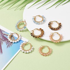 Faceted Round Natural Stone Beads Huggie Hoop Earrings for Girl Women&nbsp;EJEW-JE04687