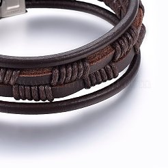 レザーコード多連ブレスレット  201ステンレススチール留め具付き  長方形  ココナッツブラウン  ステンレス鋼色  8-5/8インチ（22cm）  4~22x4~7mm&nbsp;BJEW-E345-17P