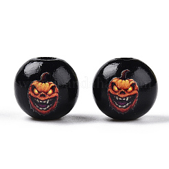 ハロウィーンテーマの木製ヨーロッパビーズ  プリントされた大穴ビーズ  ラウンド  ブラック  カボチャ  15.5~16.5mm  穴：3.5~4.5mm&nbsp;WOOD-N016-04E