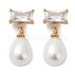 Teardrop with Rectangle 304 Stainless Steel Clear Cubic Zirconia Dangle Stud Earrings&nbsp;EJEW-F366-01G-01