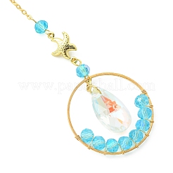 Ocean Theme Glass Round Beads & Teardrop Suncatcher with Brass Charm&nbsp;HJEW-JM04939