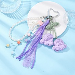 Handmade Cotton Yarn Crochet Lily of the Valley & ABS Pearl Round Bead & Polyester Cord Pendant Decorations&nbsp;HJEW-JM04387-03