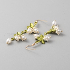 プラスチックパールビーズフラワーオブライフダングルイヤリング  女性のための合金ジュエリー  芝生の緑  70mm  ピン：0.6mm&nbsp;EJEW-WH0017-56B