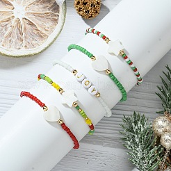 クリスマステーマのガラスシードビーズストレッチブレスレット5個、5スタイル、女性用  貝殻とアクリルビーズ付き  ミックスカラー  内径：2-3/8インチ（6cm）  1個/スタイル&nbsp;BJEW-TA00533
