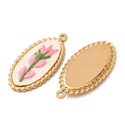 304ステンレススチールと布刺繍のペンダント  ヒヤシンスのチャームが付いた楕円形  イオンプレーティング（ip）  長持ちメッキ  18KGP本金メッキ  パールピンク  32.5x17x3mm  穴：1.5mm&nbsp;FB-CBAFBAF-11G-02