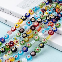 フラットラウンド手作りミッレフィオーリガラスビーズ  ミックスカラー  8x3mm  穴：0.5mm  約48個/連  14.1インチ&nbsp;X-LK-R004-54