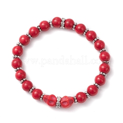 4Pcs 4 Colors Halloween Brass Crystal Rhinestone & Dyed Synthetic Turquoise Skull & Round Beaded Stretch Bracelet Sets for Men Women&nbsp;BJEW-JB12254