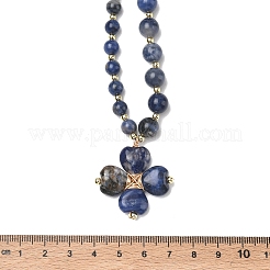Saint Patrick's Day Natural Sodalite Clover Pendant Round Beaded Necklaces with Brall Heart OT Clasps&nbsp;NJEW-G202-02G-05