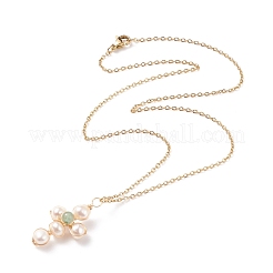 Natural Green Aventurine & Pearl Braided Cross Pendant Necklace&nbsp;NJEW-JN03920-02
