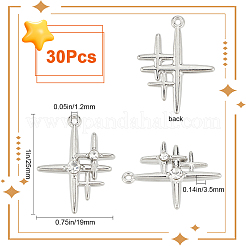 30個の合金ペンダント  クリアガラスと  カドミウムフリー＆鉛フリー  スターのチャーム  プラチナ  25x19x3.5mm  穴：1.2mm&nbsp;PALLOY-SC0004-24